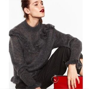 Zara gray knit sweater with mohair limited edition furry fuzzy ruffles NWT $99